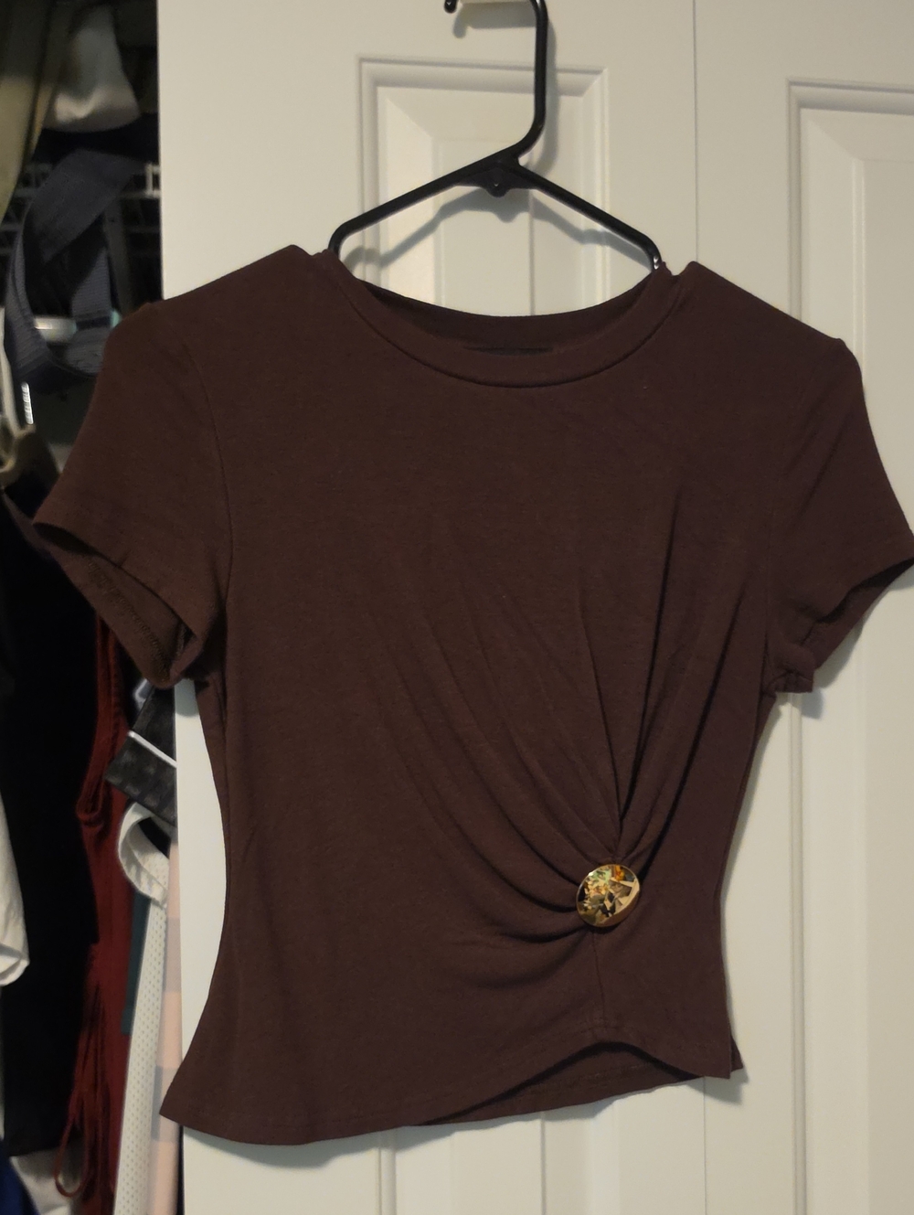 Cider Brown Short-Sleeve Twist-Front Top with Decorative Button
